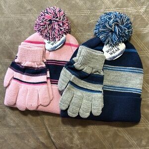 NWT Kids Pom-Pom Hat and Gloves Set - Pink and Blue